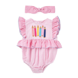Pink seersucker baby romper with pencil applique, flutter sleeves, waist ruffle, and matching gingham bow headband.