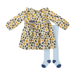 Mud Pie blue and yellow leopard baby dress with ruffle shoulders, bow accent, and matching blue tights—perfect for fall and photos.