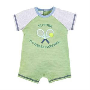 Mud Pie Future Doubles Partner Tennis Shortall – green and gray baby romper with embroidered tennis rackets and sporty stitching.