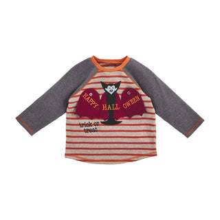 Boys’ Halloween tee with vampire and "Happy Halloween" bat wings, red stripes, and long waffle sleeves—perfect for spooky season fun.