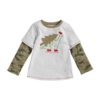 Boys’ Christmas tee with dinosaur tree applique, camo waffle sleeves, and "Merry Christma-saurus" text—festive and fun for the holidays.