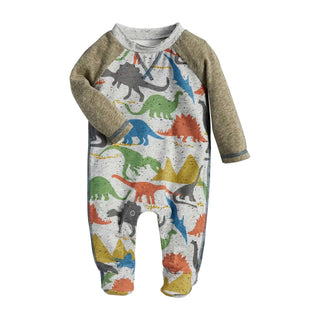 Mud Pie dino baby sleeper with multicolor dinosaurs and green sleeves; cozy speckled knit with footed bottom and snap closure.