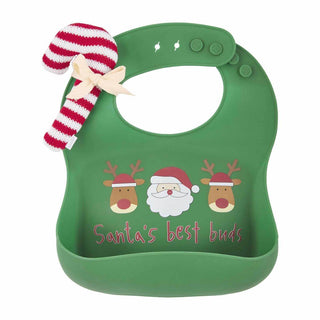 Green silicone bib with “Santa’s Best Buds” print and pocket, includes striped candy cane knit rattle for festive baby meals.