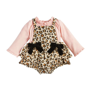Mud Pie leopard corduroy pinafore with black velvet bows and ruffle bum, paired with a long sleeve pink jersey top.