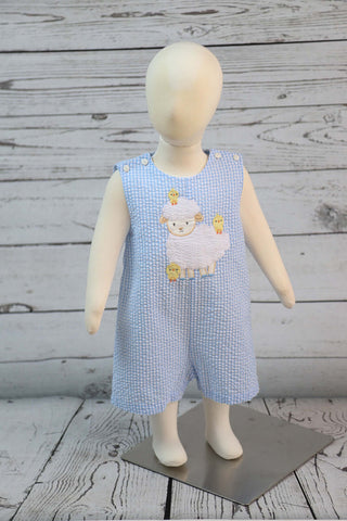 Petit Ami Baby Boys Blue Seersucker Lamb Jon Jon-Boys-Simply Blessed Children's Boutique
