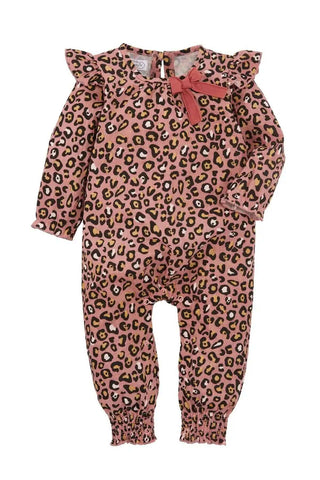Pink Leopard Print Baby Bodysuit - Mud Pie
Premium cotton gauze in a stylish pink leopard print characterizes this Bodysuit which is finished with flutter shoulder ruffles, a jersey neckline bow and purl marrow wrist and ankle openings. The inner leg has a snap closure for convenience.