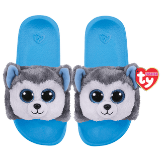 Slush the husky Beanie Boo TY slide sandals – blue footbed with plush puppy face, glitter eyes, and comfy molded arch support.