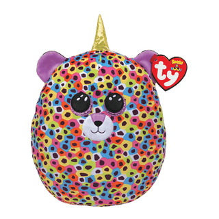 Giselle the rainbow leopardcorn Squishy Beanie by TY – multicolor plush with golden horn, glitter eyes, and ultra-soft cuddly fabric.
