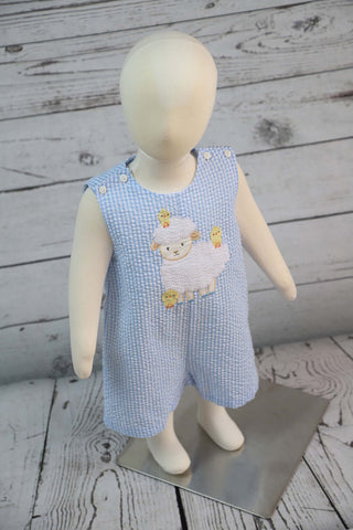 Petit Ami Baby Boys Blue Seersucker Lamb Jon Jon-Boys-Simply Blessed Children's Boutique