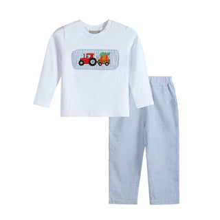 Tractor Pumpkin Smocked White Shirt and Blue Seersucker Pant