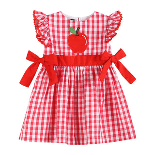 Red Gingham Apple Tie-Accent Angel-Sleeve Dress