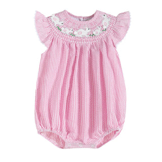 Baby girl pink seersucker smocked bubble with bunny embroidery and flutter sleeves