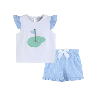 Girls Light Blue Gingham Golf Tee and Shorts Set