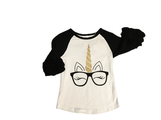 white with black ruffle 3/4 sleeve girls boutique shirt with unicorn