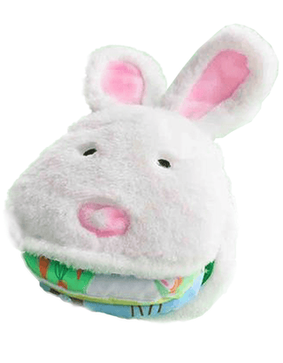 Soft bunny puppet book by Mud Pie with pink ears and faux fur, opens to reveal an Easter-themed poem and baby-friendly pages.