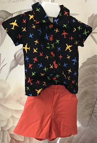 Boys Summer Airplane Button Down With Red Shorts