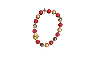 Red and Gold Bubble Gum Necklace with gold rose charm