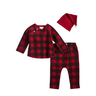 Three-piece baby outfit set with red buffalo plaid top, pants, and Santa hat—perfect for cozy Christmas celebrations.