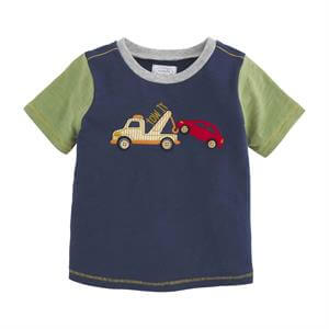 Mud Pie boys' short sleeve tee with tow truck appliqué and contrast green sleeves, perfect for transportation-loving toddlers.