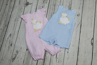 Petit Ami Baby Boys Blue Seersucker Lamb Jon Jon-Boys-Simply Blessed Children's Boutique