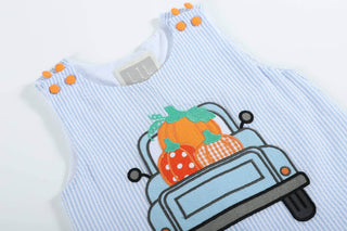 Blue Seersucker Pumpkin Truck Overalls