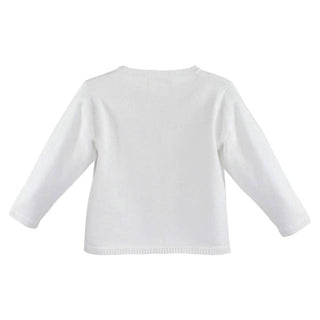 White baby cardigan sweater with long sleeves, round neckline, and front button closure.