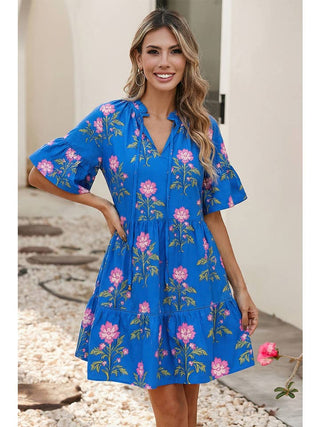Vivian Floral V - Neck Ruffle Sleeve Tiered Mini Dress - Simply Blessed Children's Boutique