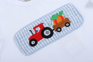 Tractor Pumpkin Smocked White Shirt and Blue Seersucker Pant