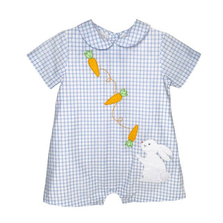 Blue gingham baby boy Easter bubble romper with Peter Pan collar, embroidered carrots, and white bunny appliqué on front.