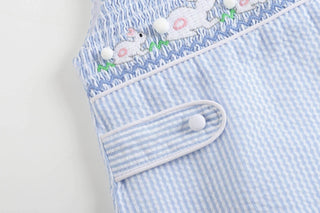 Blue Seersucker Bunnies Smocked Shortall