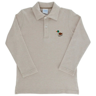 Bailey Boys Khaki Long-Sleeve Microstripe Polo with Embroidered Mallard Duck-Misc.-Simply Blessed Children's Boutique
