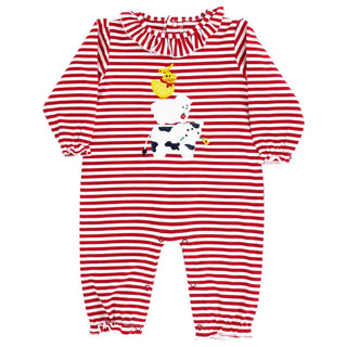 Red and white striped girls romper with ruffle collar and duck, sheep, and cow applique—Bailey Boys farm animal romper for girls.