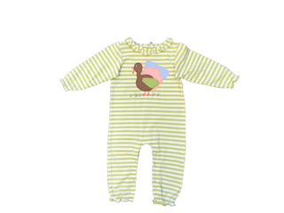 Girls’ green striped Thanksgiving romper with turkey applique and ruffle neckline—soft knit for cozy, all-day holiday comfort.