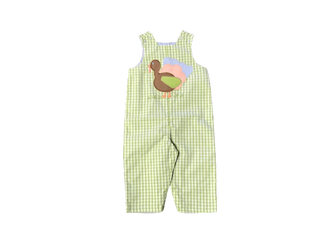 Boys’ green gingham Jon Jon with turkey applique—perfect for Thanksgiving photos, comfy and classic for holiday gatherings.