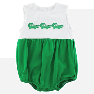 Bailey Boys green and white alligator infant bubble with trio embroidery—comfortable summer outfit for baby boys with classic Southern charm.