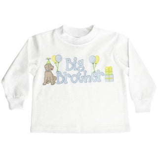 White knit Big Brother shirt with embroidered lab, balloons, and gifts—soft cotton tee perfect for celebrating his new role.