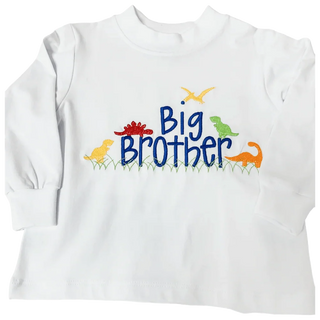 White long sleeve t-shirt with colorful dinosaur and "Big Brother" embroidery—Bailey Boys tee perfect for welcoming a new sibling.