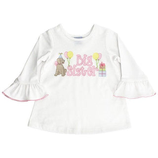 White knit girls' Big Sister shirt with embroidered lab, balloons, and gifts—perfect for celebrating a new sibling in style.