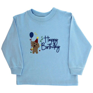 Blue long sleeve birthday shirt for boys with festive embroidered puppy, balloon, and party hat from Bailey Boys.