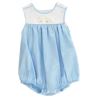 Blue infant bubble with embroidered yellow chicks and piped trim from Bailey Boys—perfect for Easter and spring occasions.
