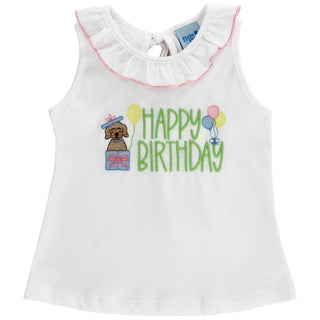 Bailey Boys Happy Birthday girls sleeveless tee with white cotton, ruffle neckline, and embroidered balloons, puppy, and bright lettering