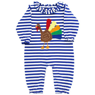 Girls’ striped Thanksgiving romper with colorful turkey applique and ruffle neckline by Bailey Boys—perfect for fall festivities.