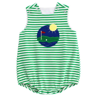 Green striped infant bubble with golf course applique, snap closures, and soft knit fabric for playful everyday style.