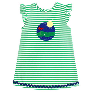 Green and white striped knit dress with golf course applique, ruffle sleeves, and navy trim—perfect for sporty little girls.
