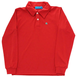 Boys red J. Bailey performance long sleeve polo with classic collar and turtle logo; breathable, moisture-wicking fabric for all-day comfort.