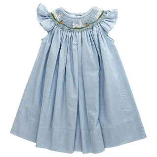 Blue gingham bishop dress with smocked Easter bunnies and carrots—perfect for your little girl's spring and Easter celebrations.