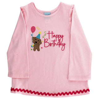 Pink birthday shirt for girls with puppy, party hat, and balloon embroidery from Bailey Boys—long sleeve with playful rickrack hem.