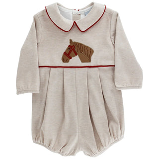 Bailey Boys Pony Pals Baby Boys Knit Bubble with embroidered pony, red trim, Peter Pan collar, pleated detail, and elastic leg openings.