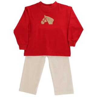 Bailey Boys Pony Pals boys set featuring red long sleeve shirt with embroidered pony head and khaki pants, styled flat lay.