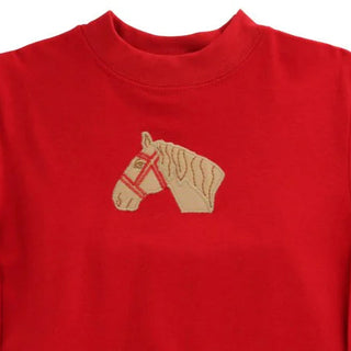 Close up of Bailey Boys Pony Pals boys set featuring red long sleeve shirt with embroidered pony head and khaki pants.